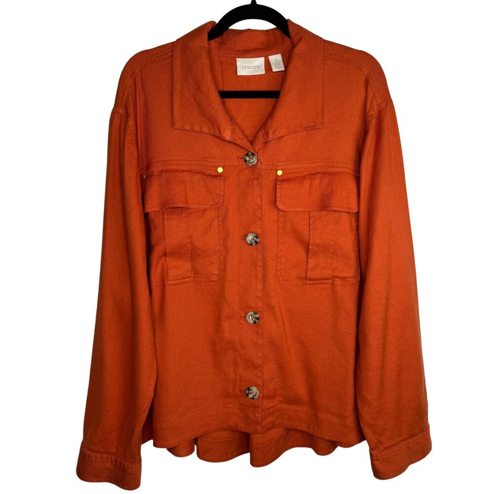 Chicos‎ Orange Button-Up Jacket Linen Blend w/ Gold Accents Chicos Sz 4 (XXL/20)